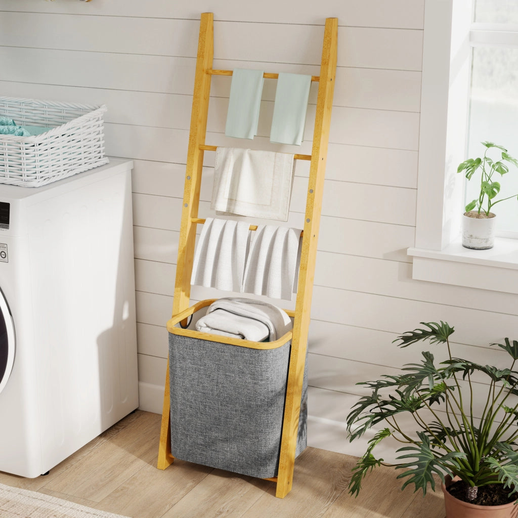 Mobile da Bagno in Bamb¨´ con 3 Sbarre e Cesto Lavanderia ¨C Zephmum ¨C Grigio 48L