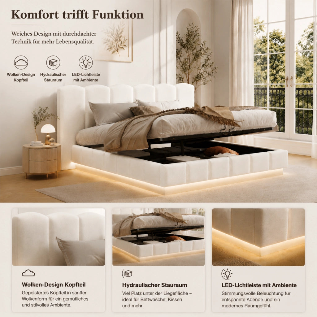LETTO Contenitore 180x200 cm Bouclé Bianco con rete a doghe e LED