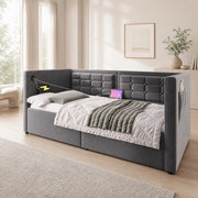 LETTO Divano letto 90x200 cm in velluto grigio con contenitore e USB Type-C