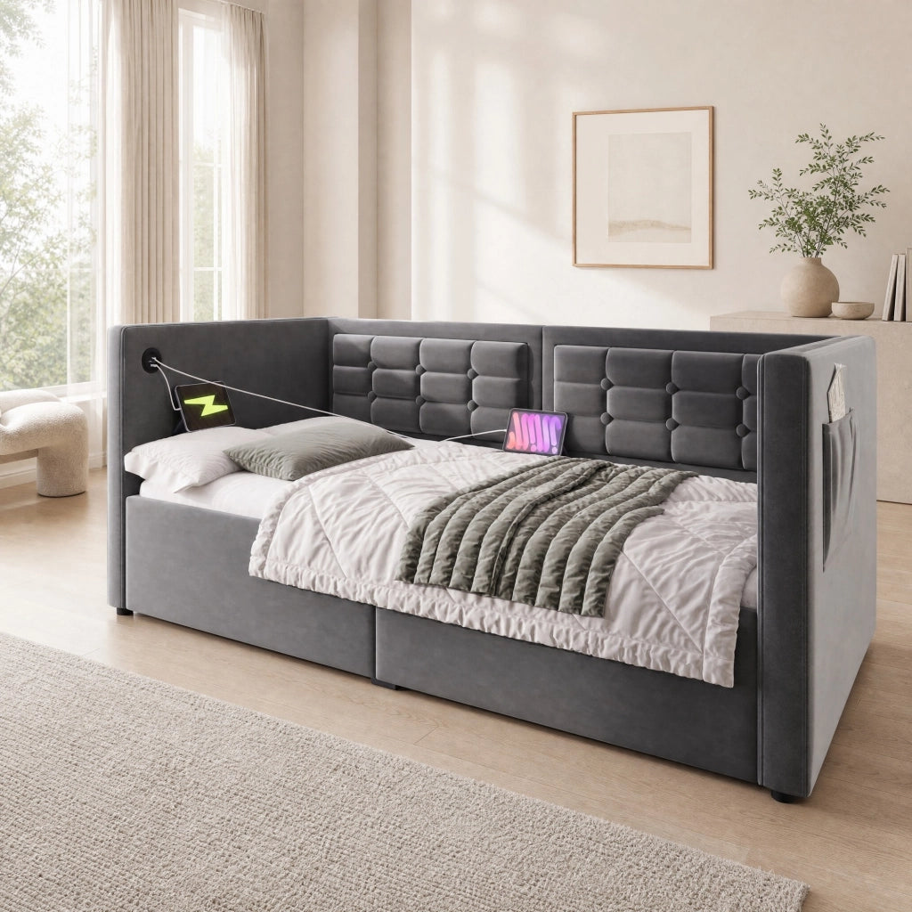 LETTO Divano letto 90x200 cm in velluto grigio con contenitore e USB Type-C