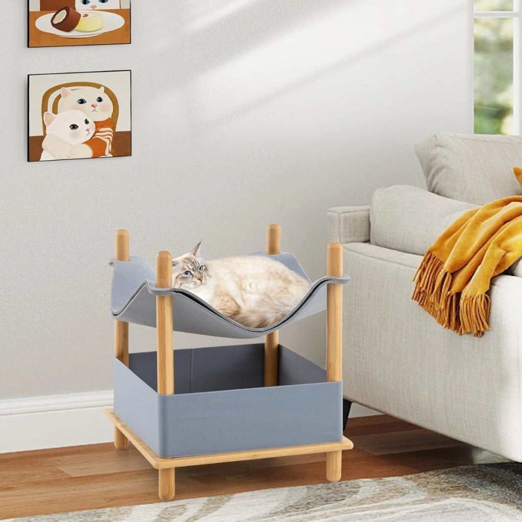 Casetta per gatti a 2 piani in legno e spazio di archiviazione, Casetta per gatti per gatti con condo semi-aperto Naturale + Grigio