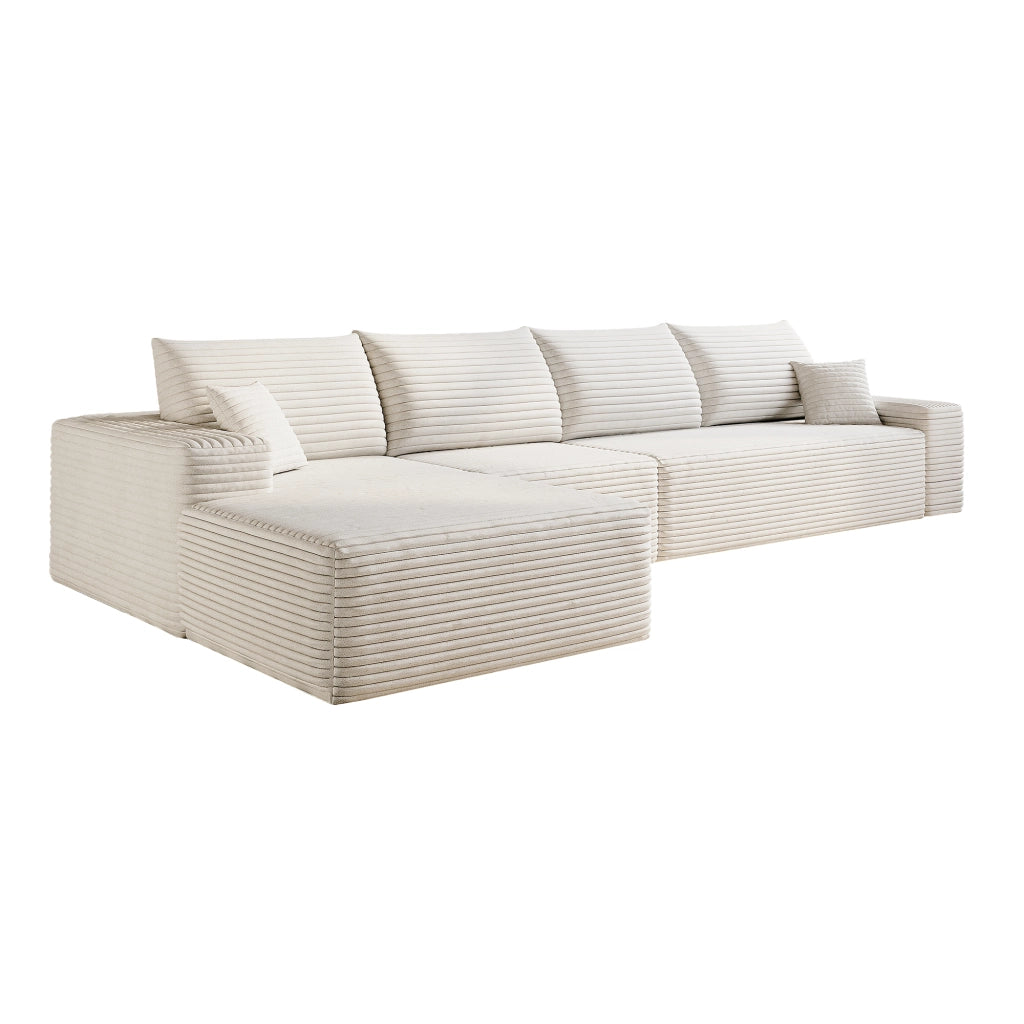 Divano angolare con chaise longue in tessuto a coste bianco, senza attrezzi, per soggiorno 340 × 175 × 83 cm