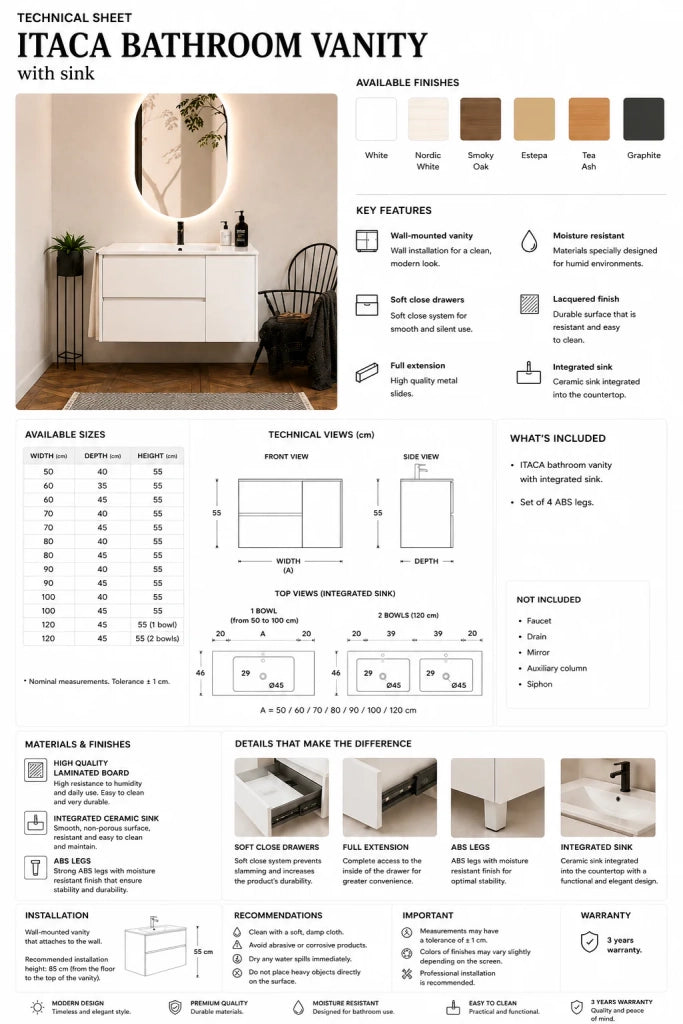 Mobile bagno con lavabo ORIGENBATH ITACA senza specchio 60x35 cm bianco
