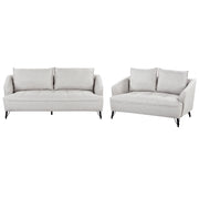 Set di divani a 2 e 3 posti in tessuto grigio chiaro con cuscini aggiuntivi stile moderno