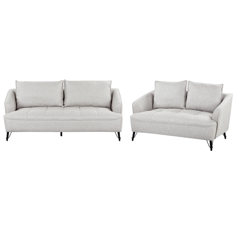 Set di divani a 2 e 3 posti in tessuto grigio chiaro con cuscini aggiuntivi stile moderno