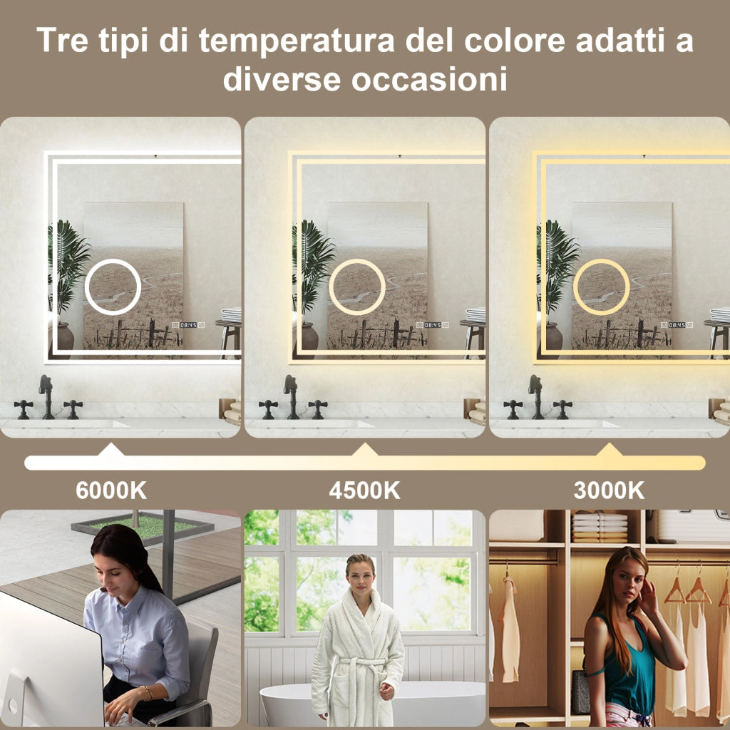 Specchio bagno Rettangolare 100x60cm Led Con 3 Luci + 3X Lente d'ingrandimento + Orologio + Antiappannamento