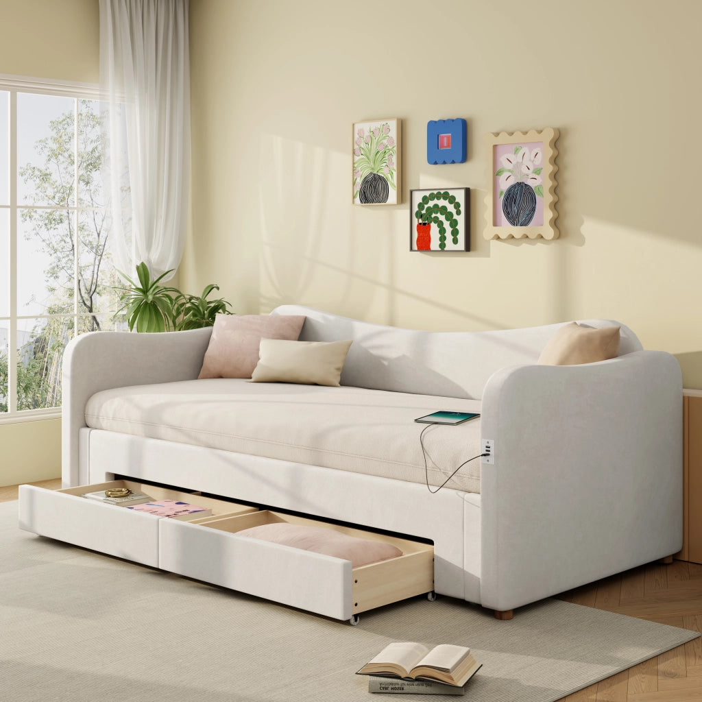 Letto imbottito estraibile 90x200 cm in velluto beige con 2 cassetti, porta USB e USB-C