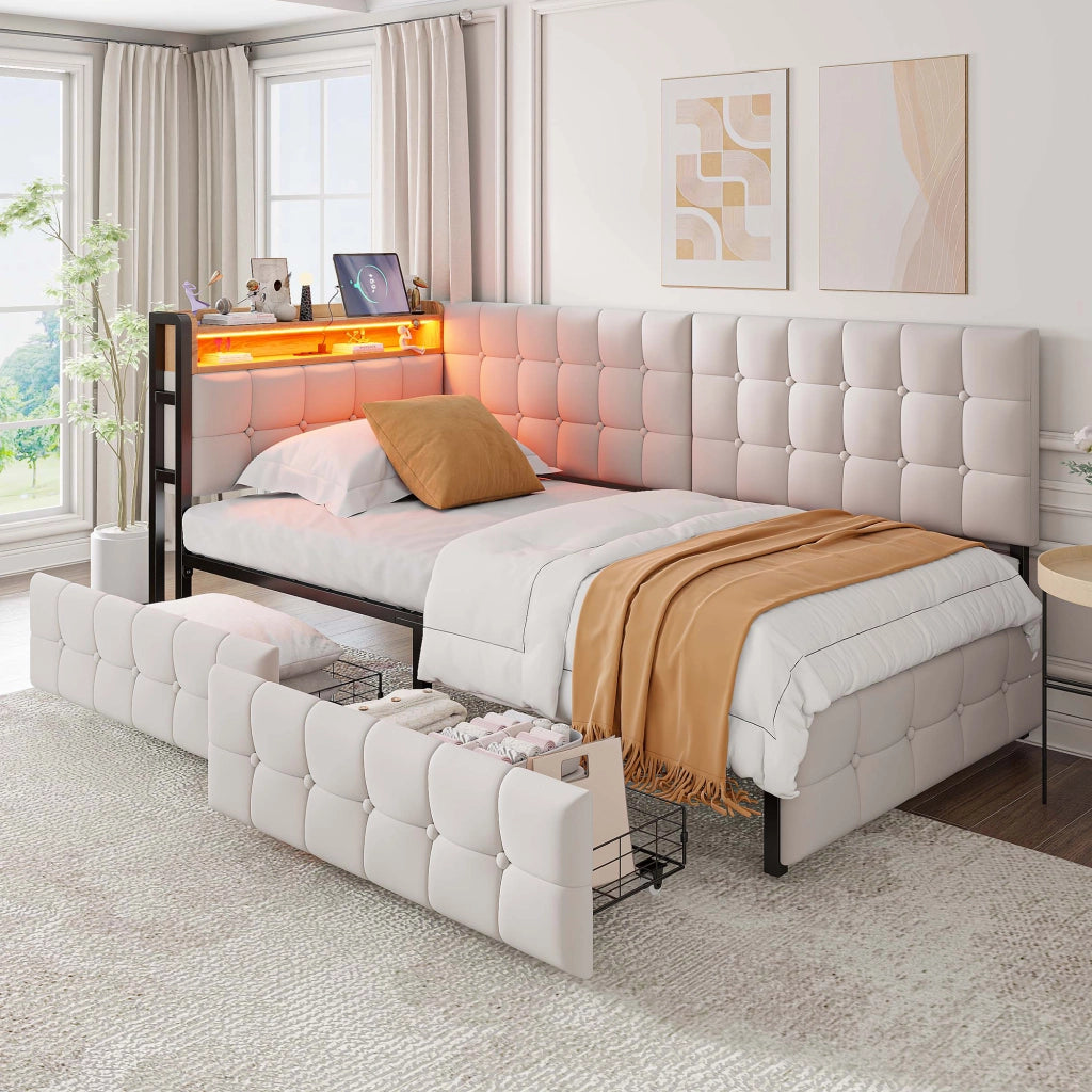 Divano letto imbottito 90x200 cm con 2 cassetti, LED, USB e Type-C, beige