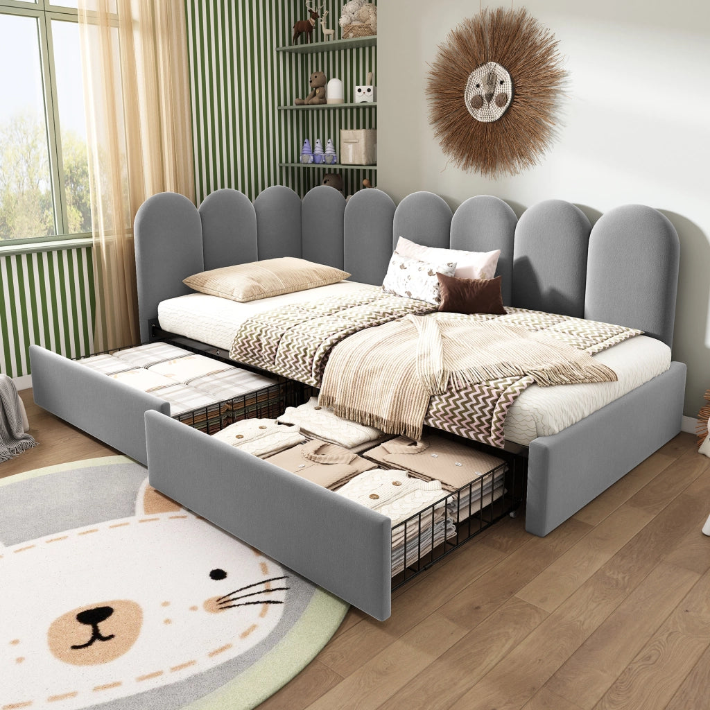 LETTO Divano 90x200 cm in velluto grigio con 2 cassetti