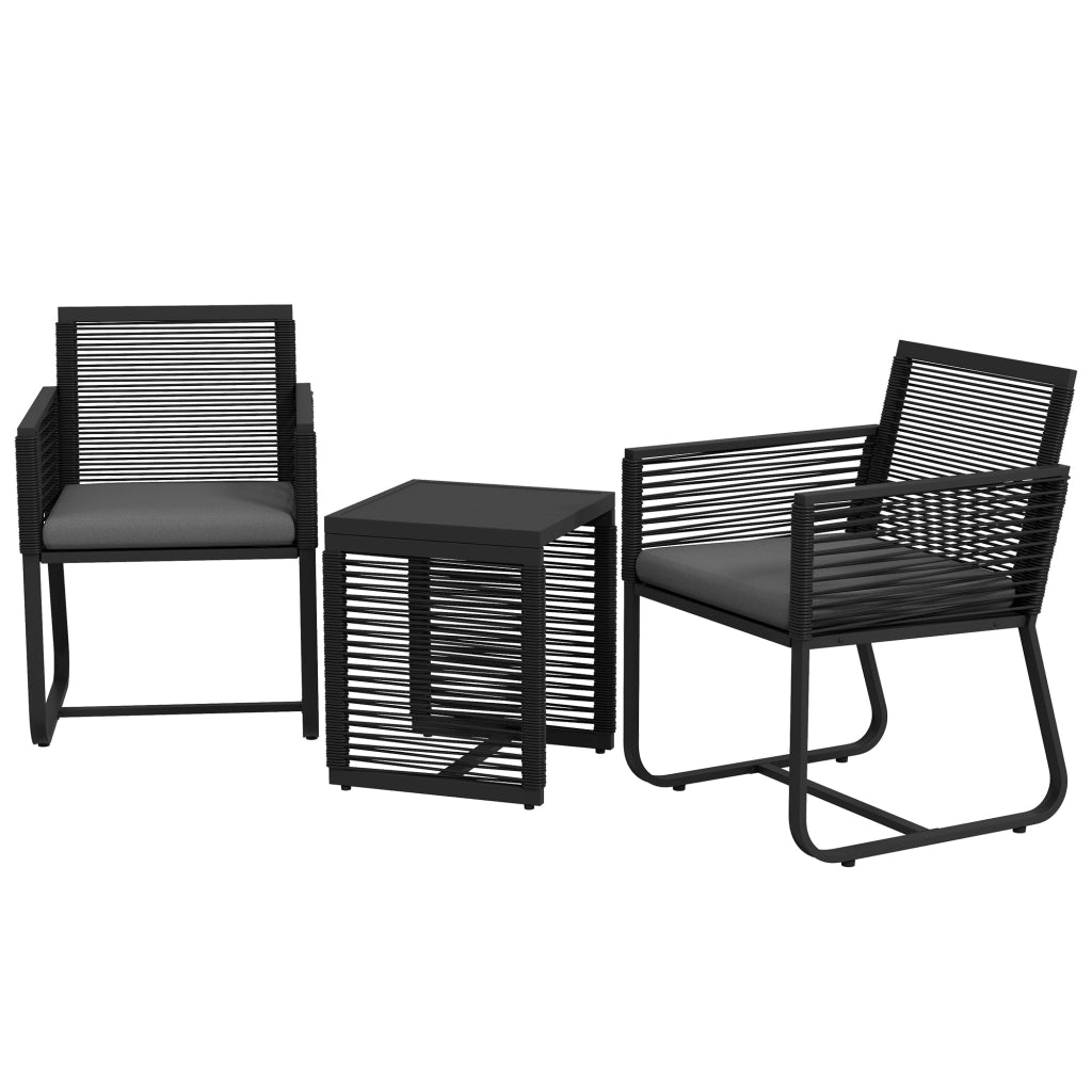 Set da Giardino Poltroncine e Tavolino ¨C Minimal ¨C Rattan Nero con Cuscini e Vetro