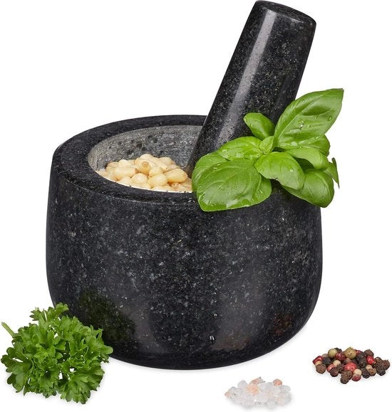 Vijzel e stampatore - robusto e duraturo - spezie e erbe - liscio - Ø 12 cm - V 300ml - nero