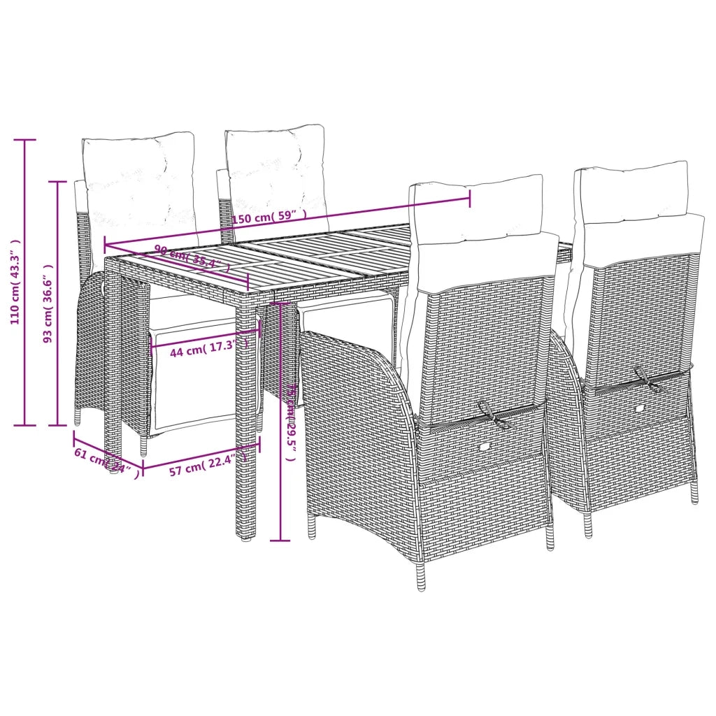 Set da Pranzo da Giardino 5 pz Nero con Cuscini in Polyrattan 3213088