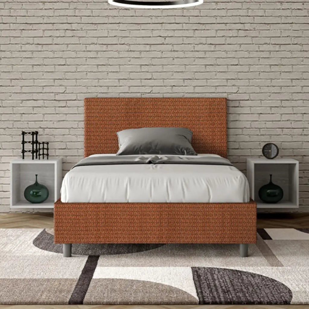 Letto una piazza e mezza contenitore imbottito 120x200 tessuto Labirinto 4 arancio Adele