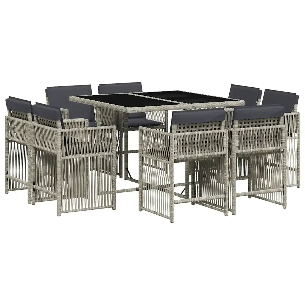 Set Pranzo da Giardino 9pz con Cuscini Grigio Chiaro Polyrattan