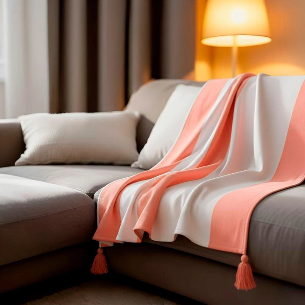 100% cotone rosa salmone plaid con pompons 130x170cm SLAVANN