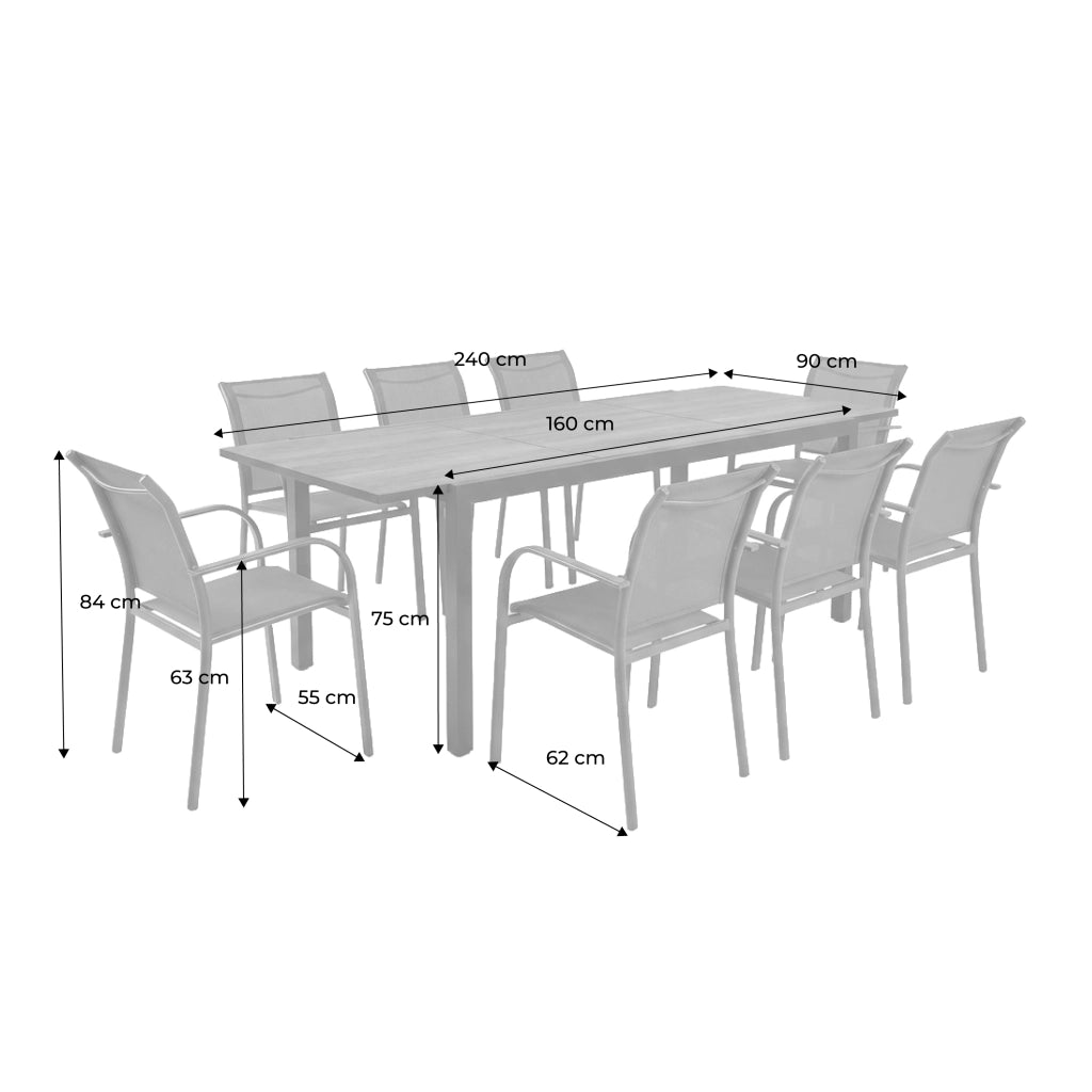 Set tavolo da giardino allungabile in alluminio effetto legno con 8