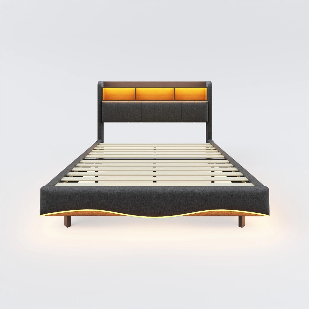 LETTO Imbottito 140x200 cm Grigio con LED, USB, Type-C e vano testiera