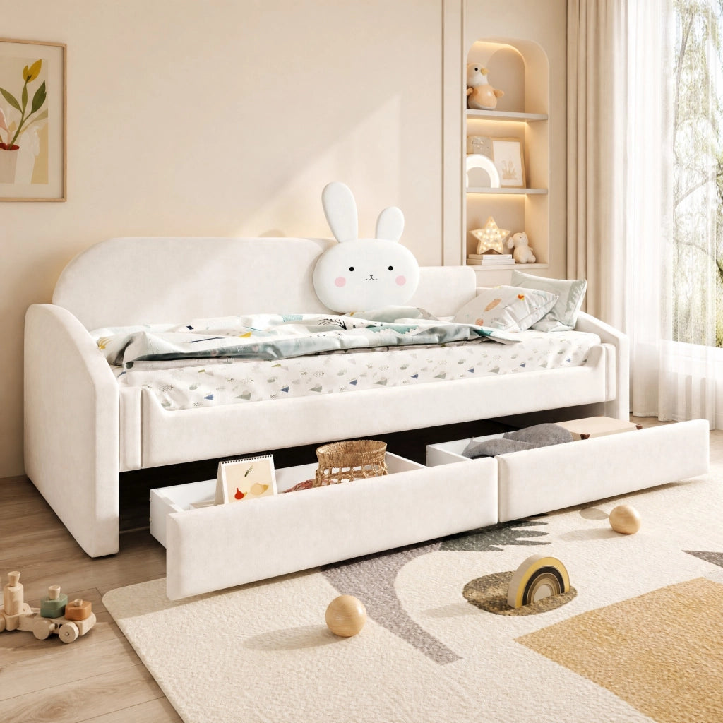 LETTO SOFA 90x200 cm in velluto beige con LED e 2 cassetti