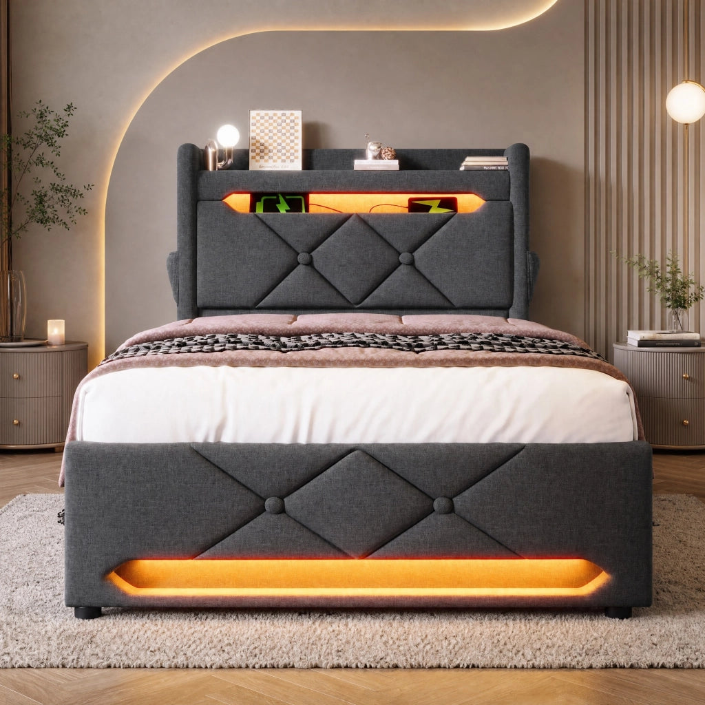 LETTO Singolo 90x200 cm con LED e ricarica, Grigio, Lino