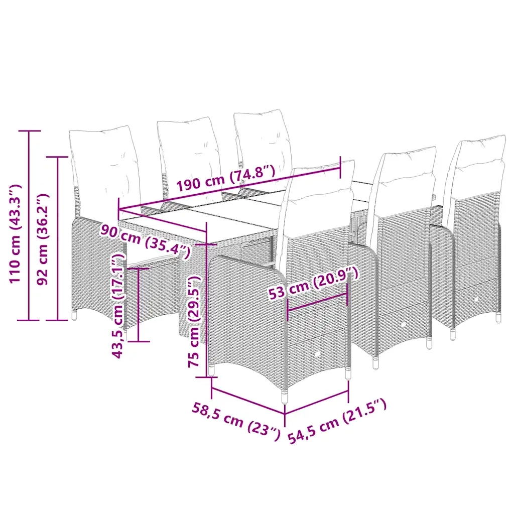 Set Bistrò da Giardino 7 pz con Cuscini in Polyrattan Grigio