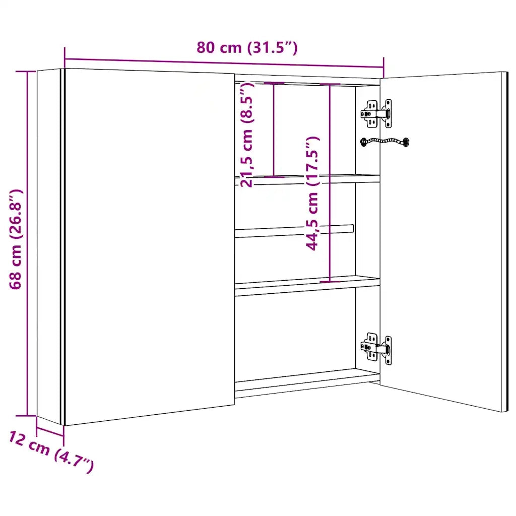 Armadietto Bagno con Specchio e LED Grigio Cemento 80x12x68 cm 326511