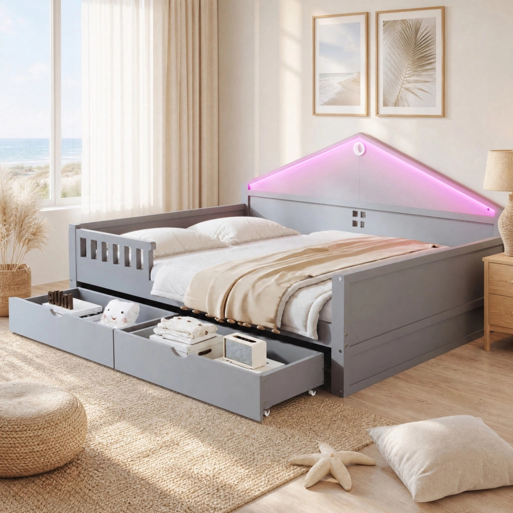 LETTO 140x200 cm con LED e 2 cassetti, grigio, legno di pino e MDF