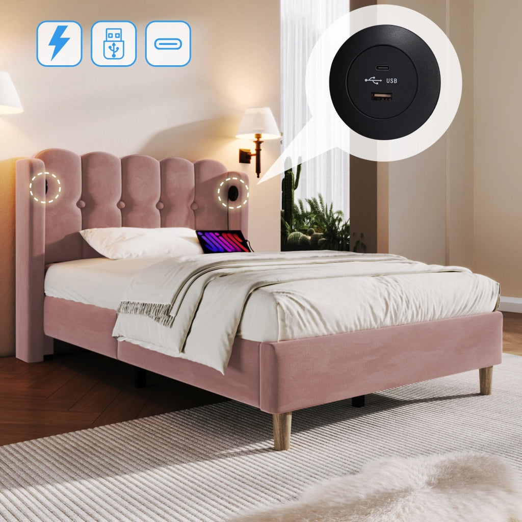 LETTO singolo 90x200 cm in velluto rosa con USB e Type-C