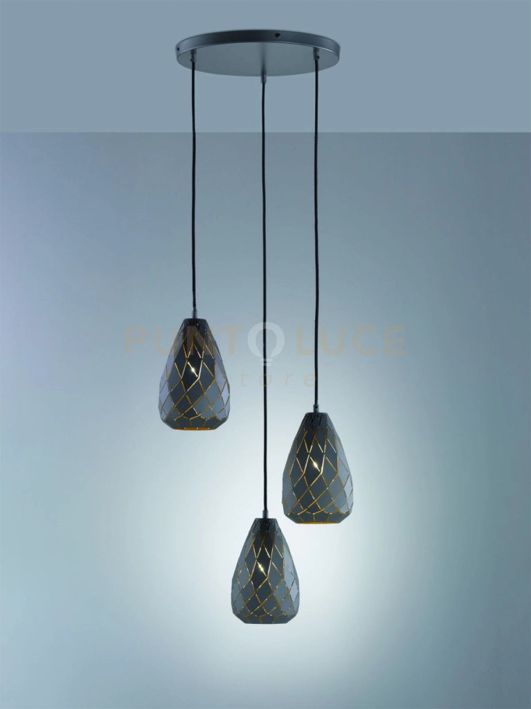 ONYX SOSPENSIONE 3 DIFFUSORI METALLO NERO INTERNO ORO TAGLIO LASER A ROMBO D.35CM ATTACCO E27