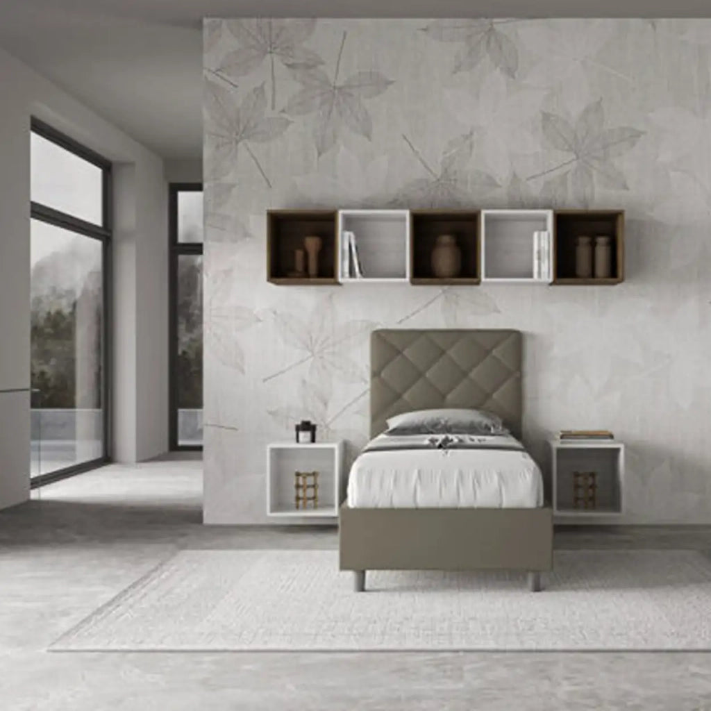 Letto singolo contenitore imbottito 90x200 similpelle cappuccino Priya