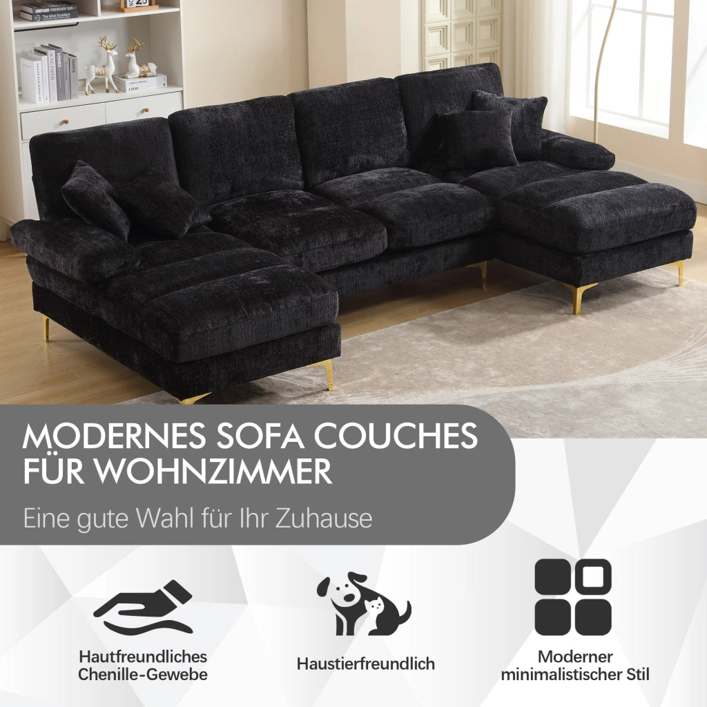 DIVANO SEZIONALE U 272x136x88 cm Chenille Nero