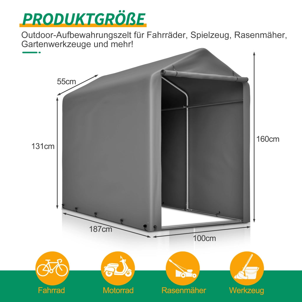 Tenda da giardino per garage per biciclette 187x100x160 cm tenda impermeabile con telaio in acciaio Tenda di deposito grigio scuro per biciclette attrezzi e accessori da giardino – Ideale per balcone terrazza e cortile