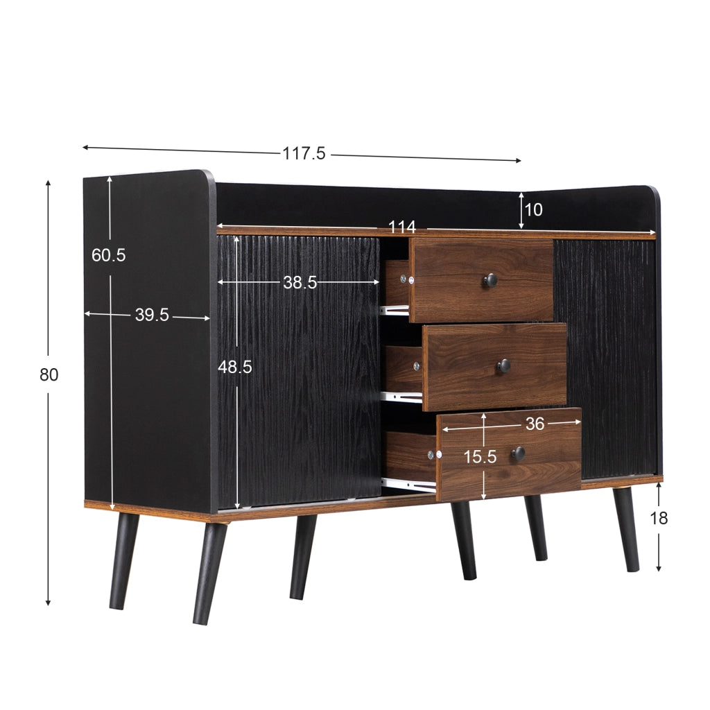 OKWISH Credenza con 2 Ante Scorrevoli e 3 Cassetti, Ripiani Regolabili, per Soggiorno o Ingresso, Nero 117,5×40×80 cm