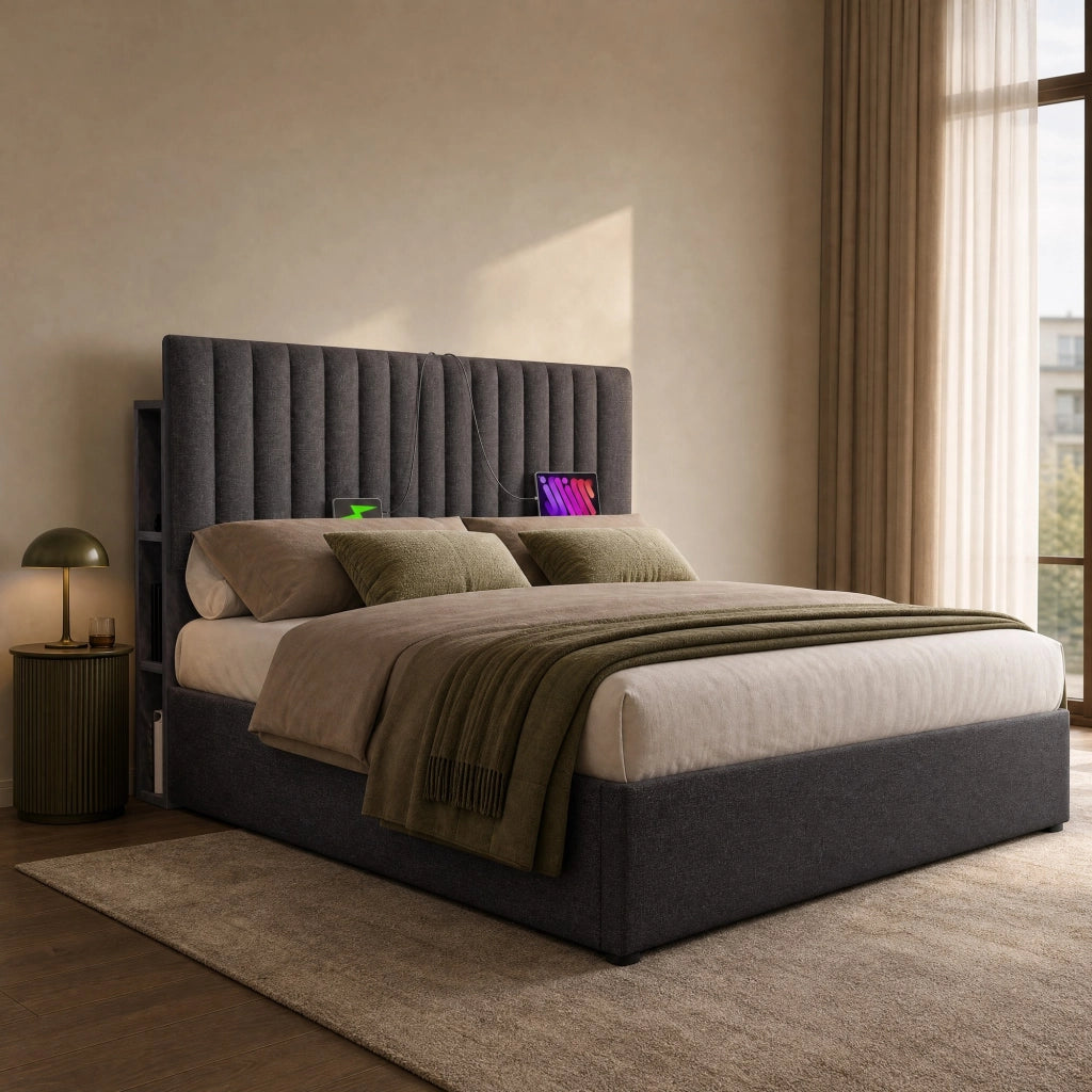 Letto matrimoniale con LED, USB e contenitore integrato