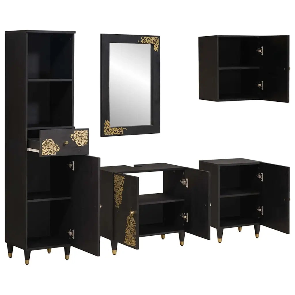 Set di Armadi da Bagno 5 pcs Nero Legno di mango massello
