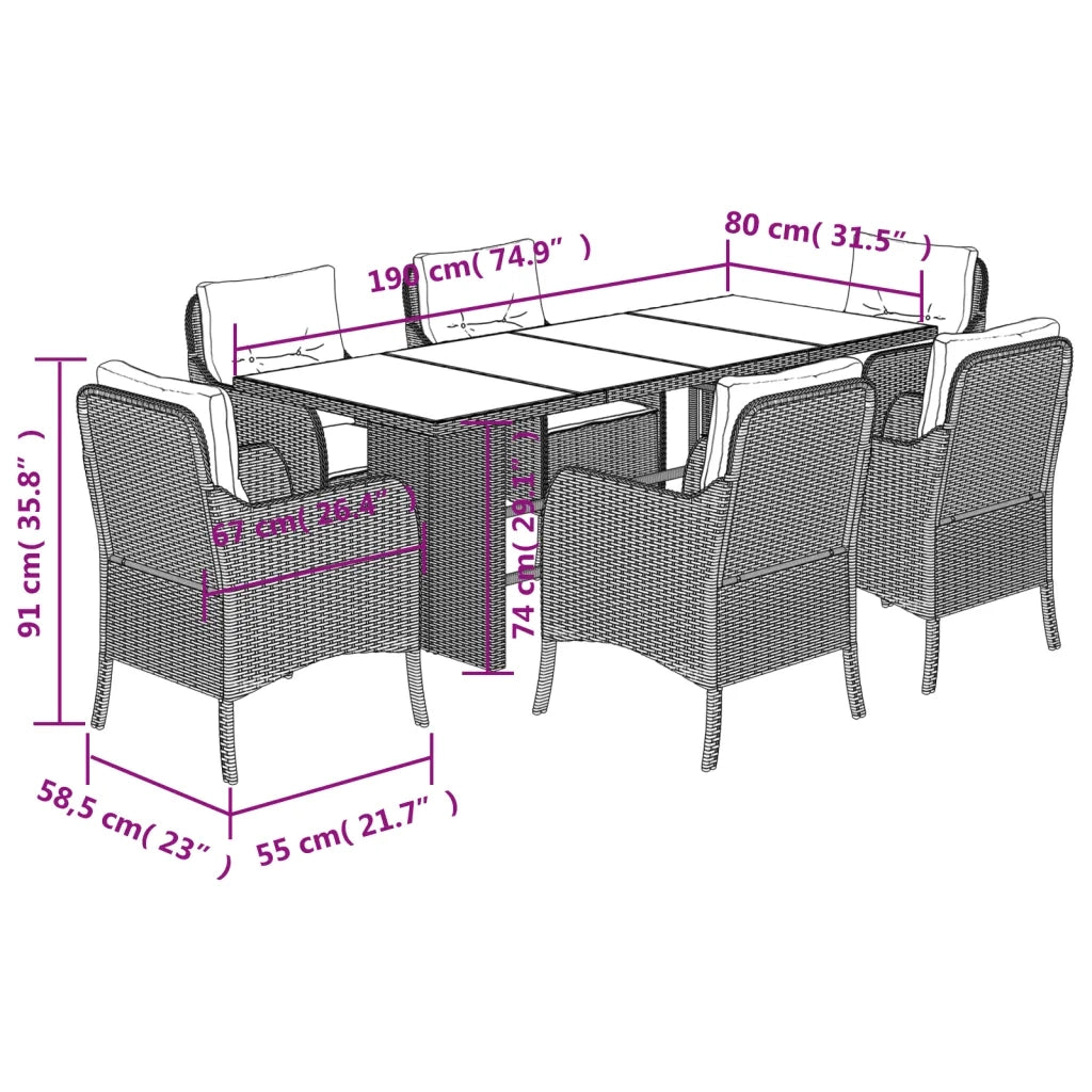 Set da Pranzo da Giardino 7 pz Cuscini Polyrattan Grigio Chiaro