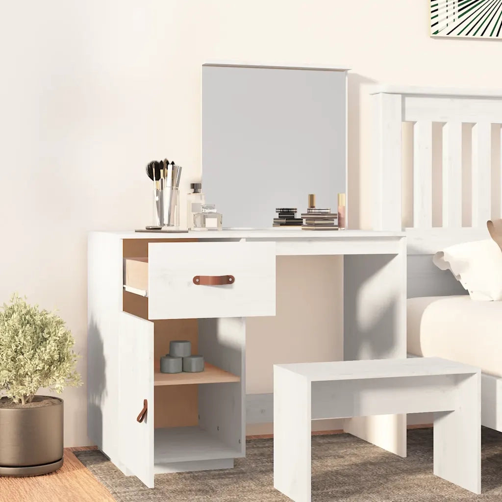 Toeletta | Tavolo da Trucco Bianca 95x50x134 cm in Legno Massello di Pino
