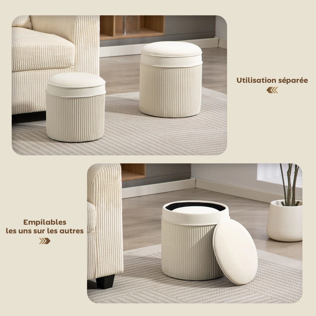 Pouf di stoccaggio in velluto ¨C Minimal ¨C 2 pezzi crema ?36 e ?32 cm