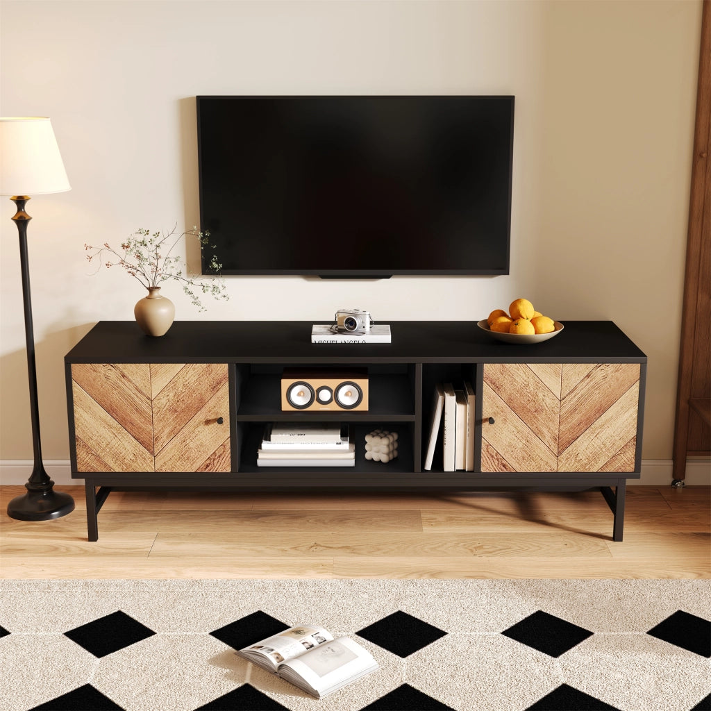 Mobile TV 150 cm - Zephmum- Nero e legno, design contrasto, stoccaggio versatile