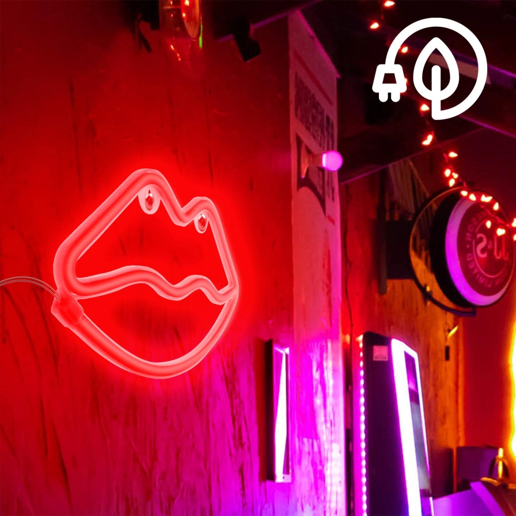 Neon a LED Design Labbra Stile Retrò con Gancio da Muro Rosso Avizar