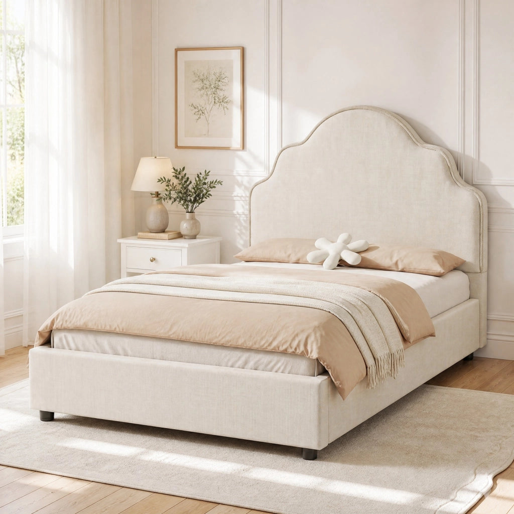 LETTO imbottito per bambini 90x200 cm beige in lino con rete inclusa