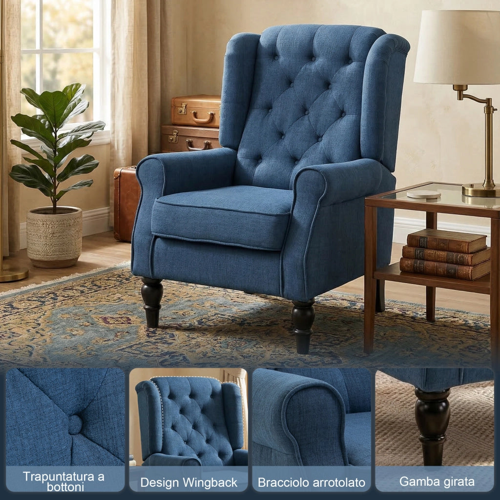 Poltrona Relax in Velluto Blu con Cuscini ¨C Minimal ¨C 74x86x102 cm