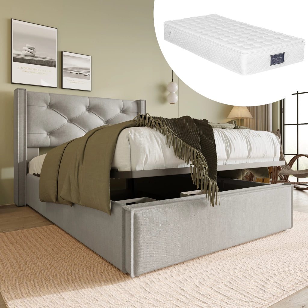 LETTO Imbottito 90x200 cm Grigio Chiaro in Cotone con contenitore