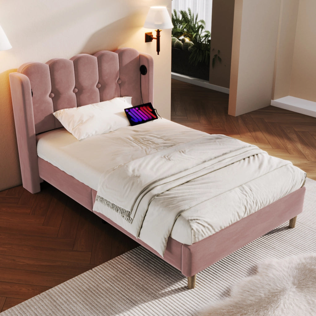 LETTO imbottito 90x200 cm in velluto rosa con porta USB Tipo C