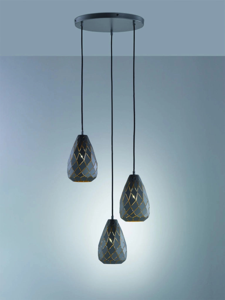 ONYX SOSPENSIONE 3 DIFFUSORI METALLO NERO INTERNO ORO TAGLIO LASER A ROMBO D.35CM ATTACCO E27