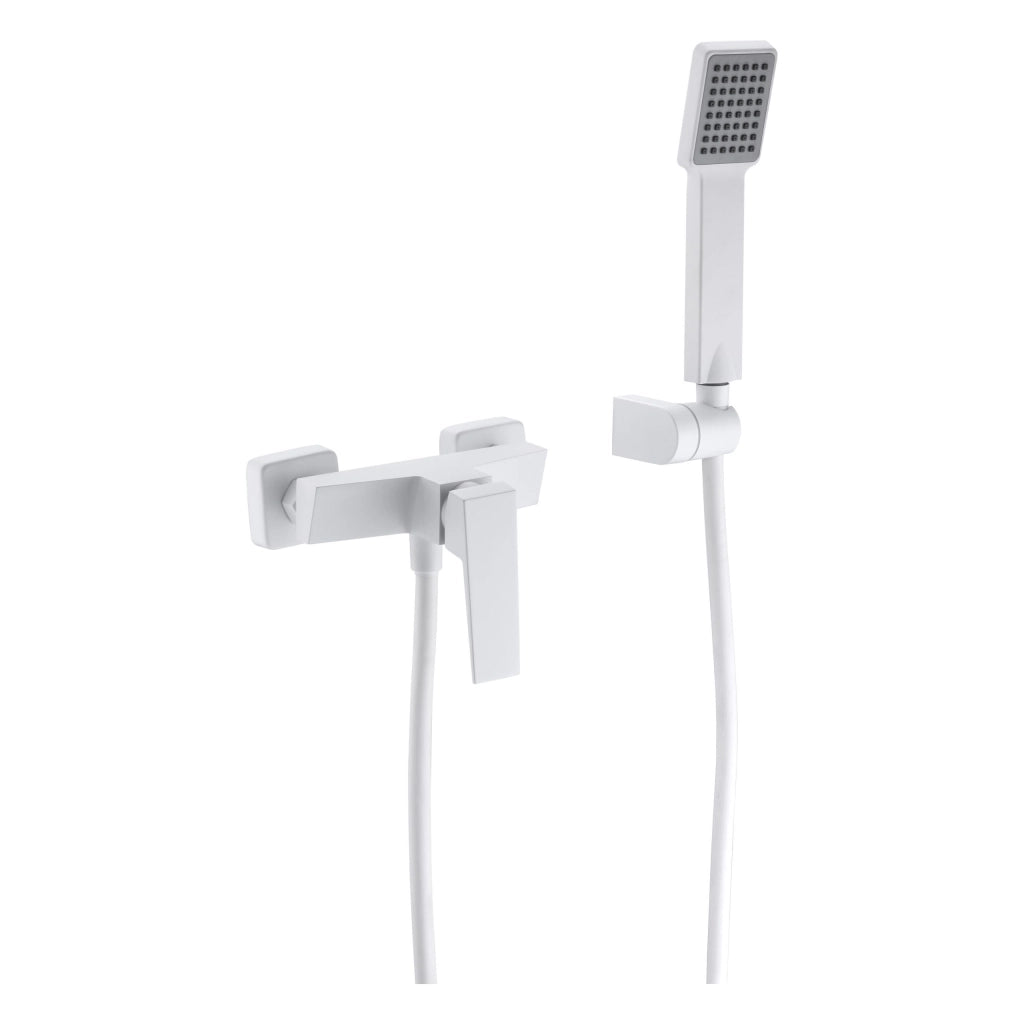 IMEX Miscelatore doccia in ottone e zama bianco opaco con cartuccia ceramica Ø35 mm tubo flessibile PVC 180 cm portamanopola in ABS manopola quadrata Imex-BDAR025-5BL Art