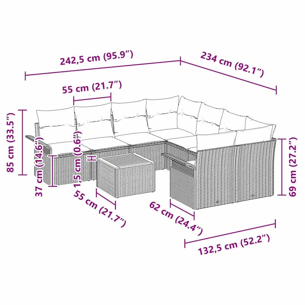 Set Divano da Giardino con cuscino 9 pcs Nero polyrattan 3347306