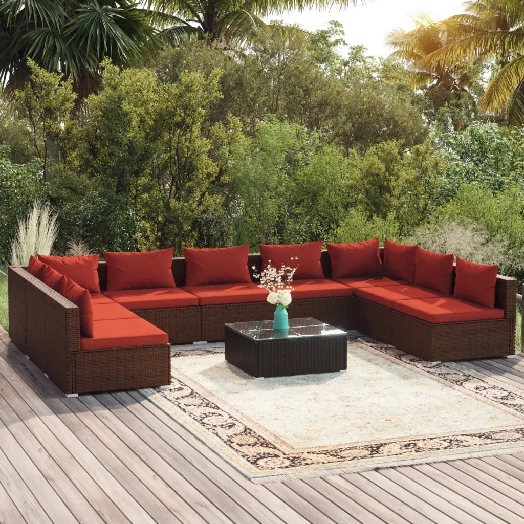 Set Divani da Giardino 10 pz con Cuscini in Polyrattan Marrone 3101915