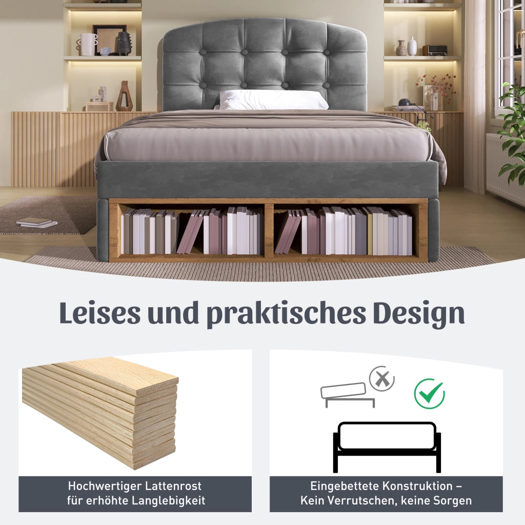 LETTO 90x200 cm Imbottito in Velluto Grigio con Cassetti e Testiera Regolabile
