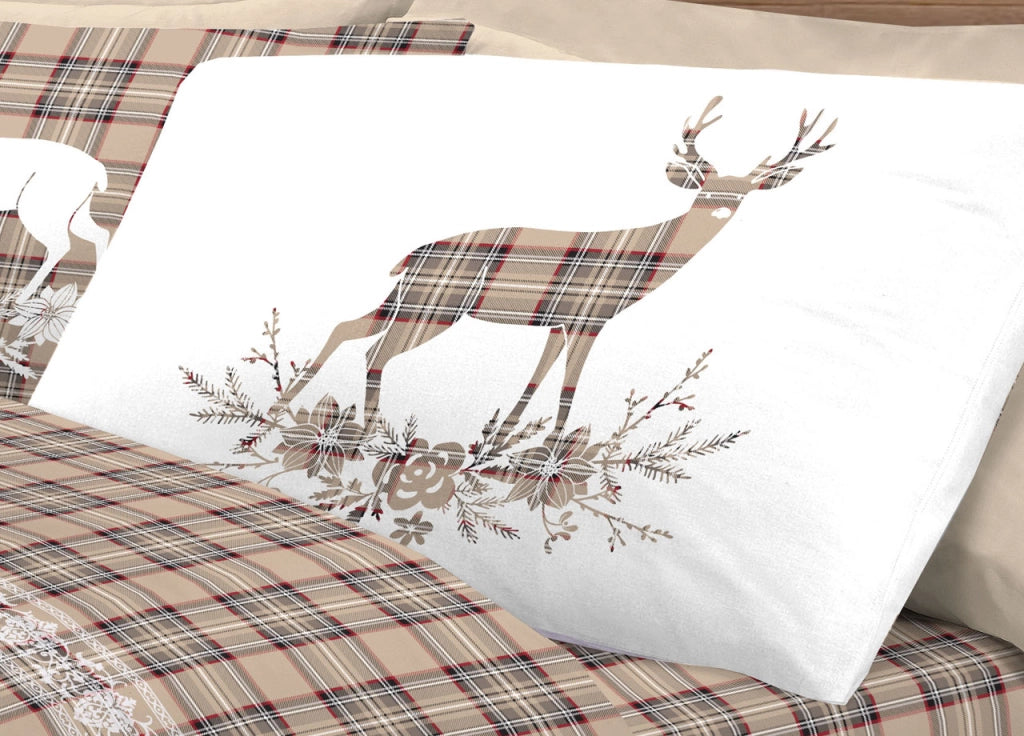 Completo Lenzuola Linea Pensieri Delicati 100% Cotone Disegno Cervo Tartan - Piazza E Mezza - Beige
