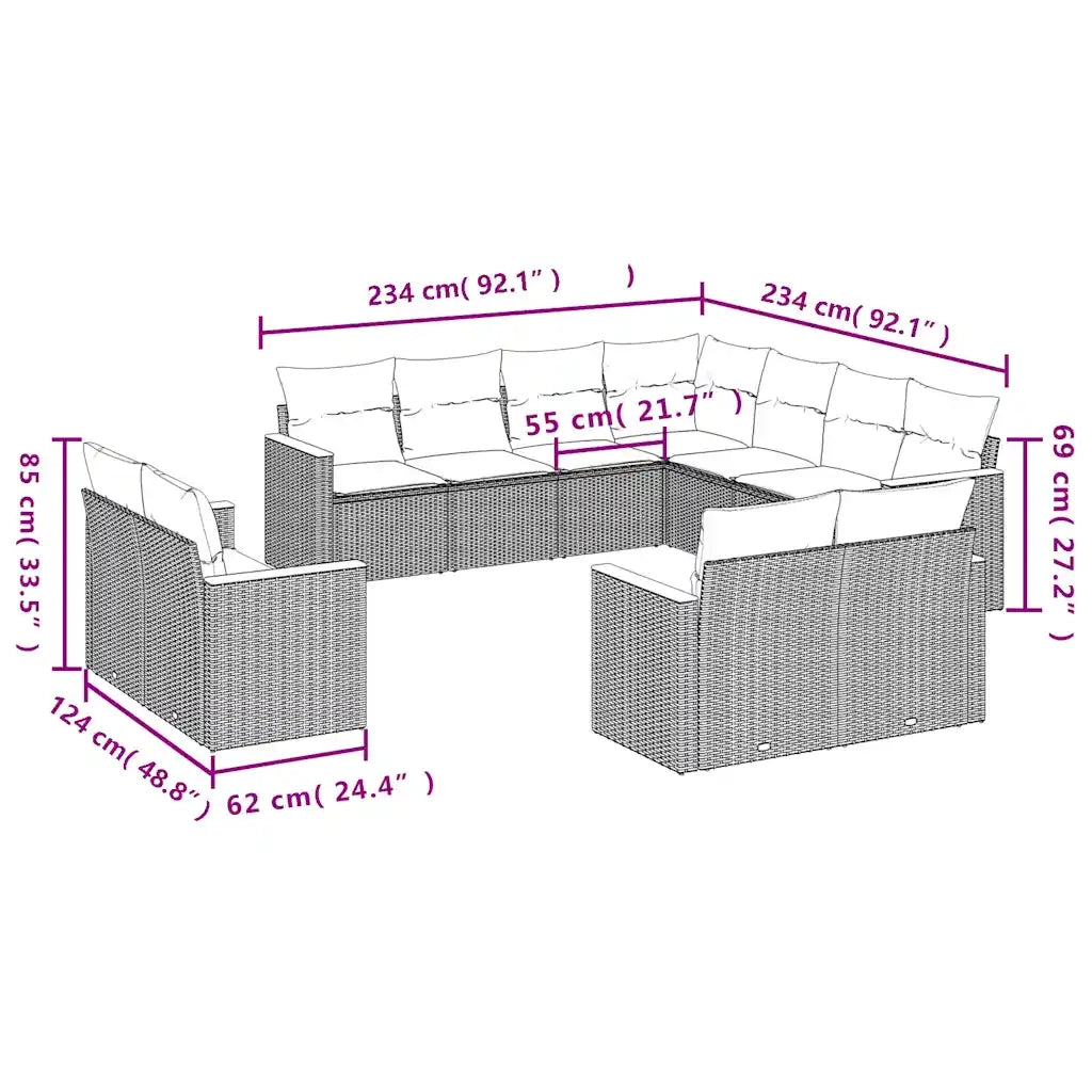 Set Divani da Giardino 11 pz con Cuscini in Polyrattan Nero